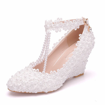 8 cm Pointed Wedge Lace Beaded Wedding Shoes