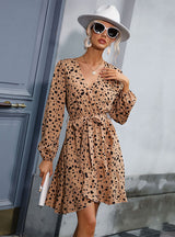 V-neck Leopard Print Ruffled Dress