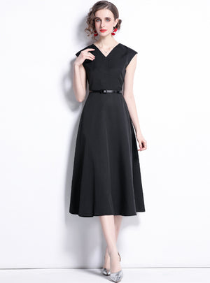 Black V-neck Mid-length Dress