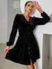 V-neck Bubble Long Sleeve Velvet Dress