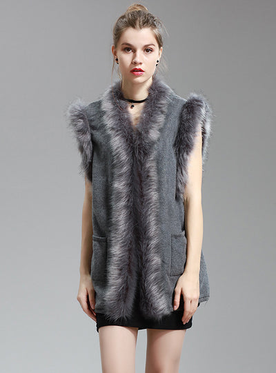 Fur Collar Shawl Cloak Woolen Knitted Sleeveless Loose Coat