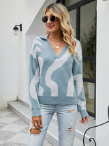 Loose Pullover V-neck Color Matching Contrast Sweater