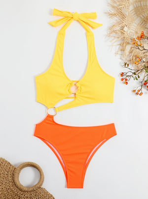 Orange Color Matching One-piece Swimsuit