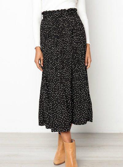 White Dots Floral Print Pleated Midi Skirt