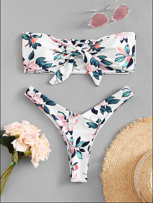 Pink Print Knot Flower Print Bikini Set