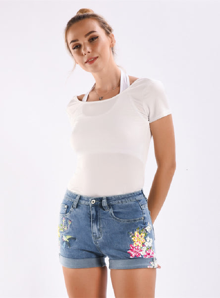 3D Embroidered Flower Denim Shorts