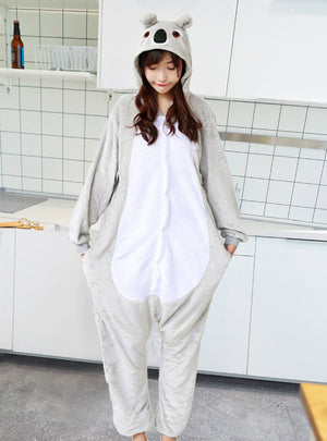 Cartoon Conjoined Pajamas Flannel Grey Koala Animals