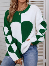 Round Neck Color Matching Love Pullover Sweater