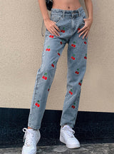 Cherry Embroidered Slim High Waist Jeans