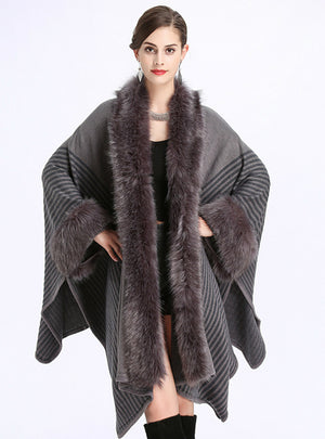 Loose Fox Like Fur Collar Knitted Cardigan Shawl
