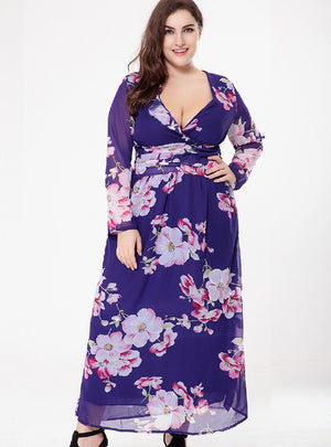 Chiffon Long Sleeve V-neck Printed Dress