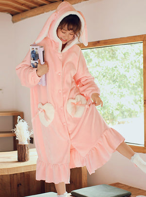 Long Ears Rabbit Pink Long Sleeve Pocket Coral Fleece