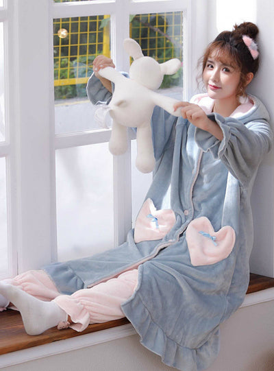 Women's Coral Fleece Loose Long Love Flannel Bathrobe