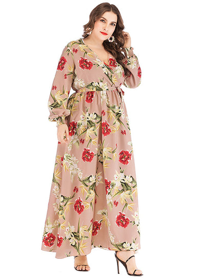 V-neck Printed Lace-up Bubble Sleeve Big Swing Dress