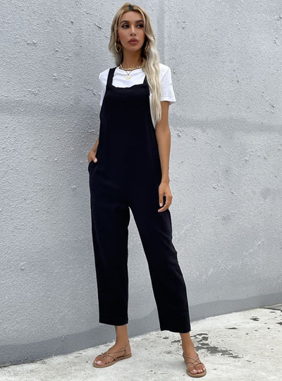 Black Cotton Nine-point Bib Pants Jumpsuit