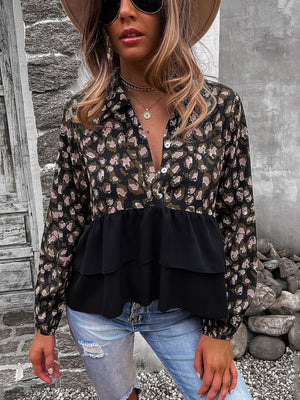 Printed Stitching V-neck Button Top