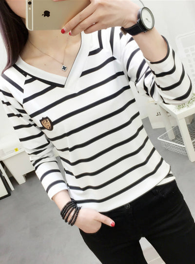 Women's V Neck Striped Long Sleeve T Shirt 