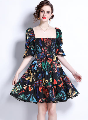 Bubble Sleeve Square Collar High Waist Print Dress
