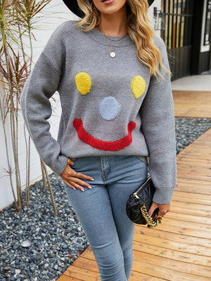 Smiling Face Knitted Loose Round Neck Pullover Sweater