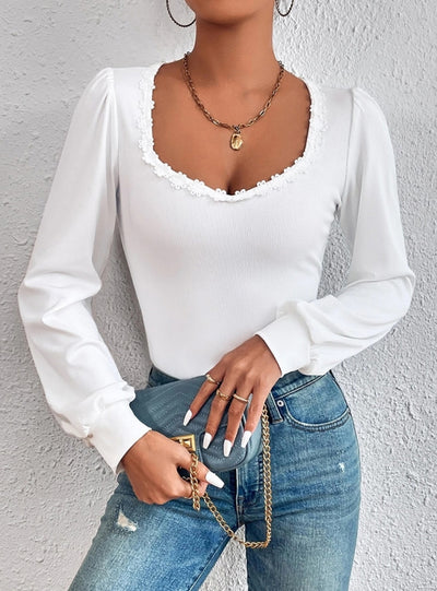 V-neck Bubble Sleeve Slim Ladies T-shirt