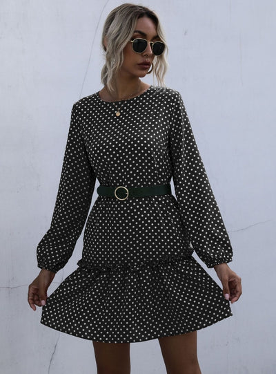 Retro Round Neck Polka Dot Long Sleeve Dress