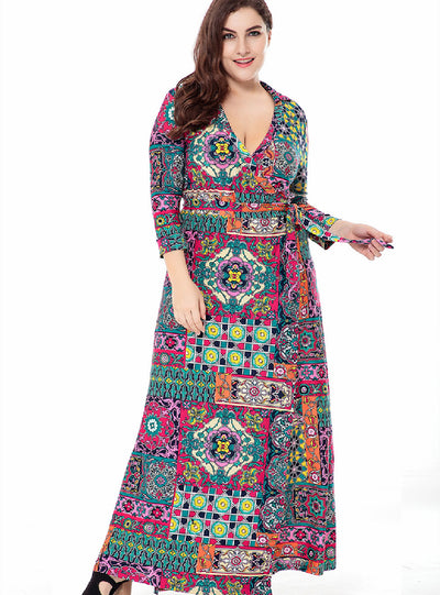 Lapel Cropped Sleeve Knitted Printed Dress