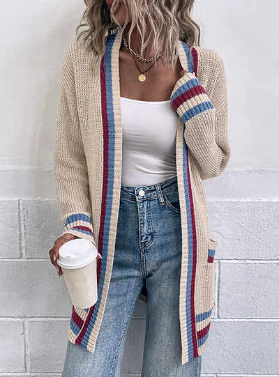 Contrast Striped Pocket Cardigan Sweater Coat