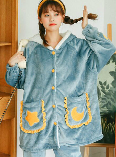 Pink Pocket Star Moon Long Sleeve Winter Sleepwear
