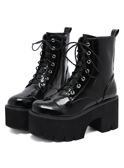 Ladies Chunky Wedge Platform Black Patent Leather Ankle Boots