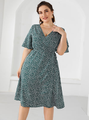 V-neck Trumpet Sleeve Printed Wrap Casual Dress