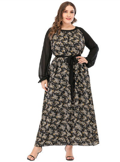 Spliced Round Neck Long Sleeve Print Large Size Dress