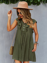 Round Neck Lotus Leaf Sleeve Solid Color Casual Dress