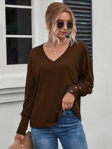 Loose V-neck Solid Color Long Sleeve T-shirt
