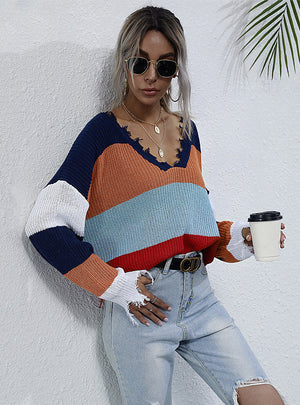 Color Matching V-neck Pullover Sweater