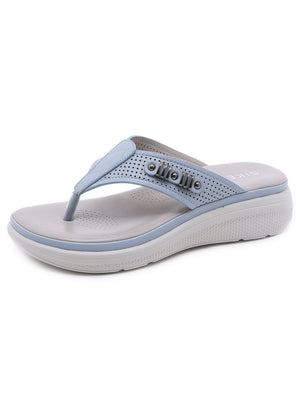 Metal Button Hollow Wedge Heel Flip-flops