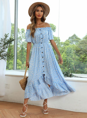 Short-sleeved Irregular Printed Dress