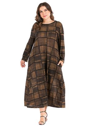 Plaid Printed Round Neck Long Sleeve Pocket Dress