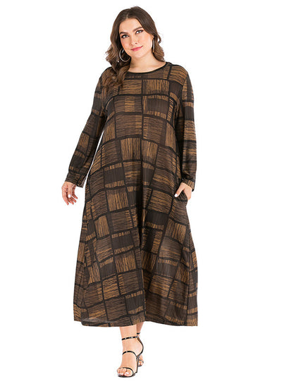 Plaid Printed Round Neck Long Sleeve Pocket Dress