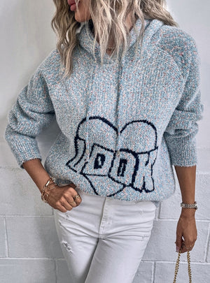 Letter Hooded Pullover Drawstring Sweater