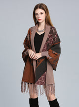 Printed Bat Sleeve Knitted Cardigan Shawl Tassels