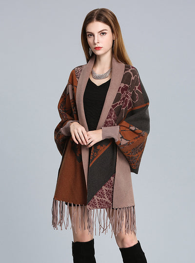 Printed Bat Sleeve Knitted Cardigan Shawl Tassels