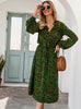 Women High Waist Long Sleeve Leopard Midi Dress