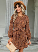 Lace-up Round Neck Leopard Print Dress