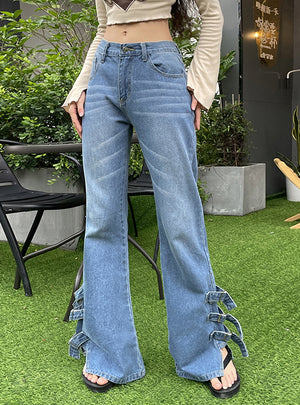 Metal Buckle Straight Slacks High Waist Jeans