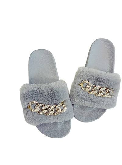 Faux Fur Plush Slippers Chain Slide Fluffy 