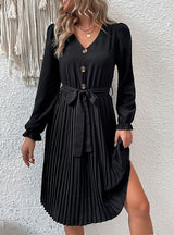 Long-sleeved Lace-up Pleated Dress