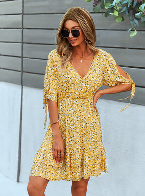 V-neck Sexy Short Sleeve Floral Dress