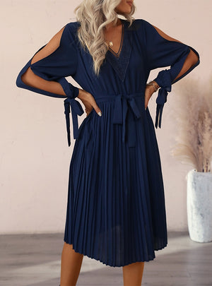 Long Sleeve Pleated Solid Color Dress