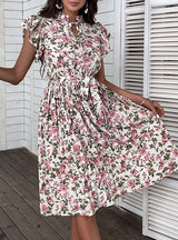 Casual Pleated Lace-up Print Dress