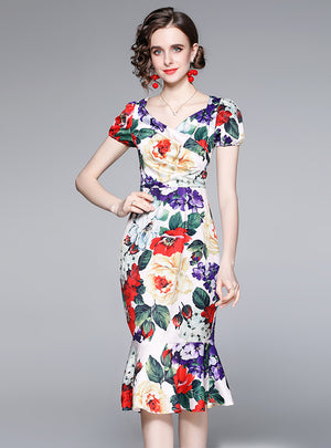 Summer Short Sleeve Hip Slim Print Dress